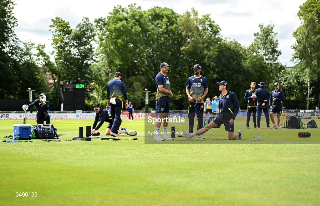 28 June 2026; Ireland players warm-up before match two of the Spinny Cup Men's T20 International series between Ireland and India at Stormont in Belfast.  Photo by Ramsey Cardy/Sportsfile