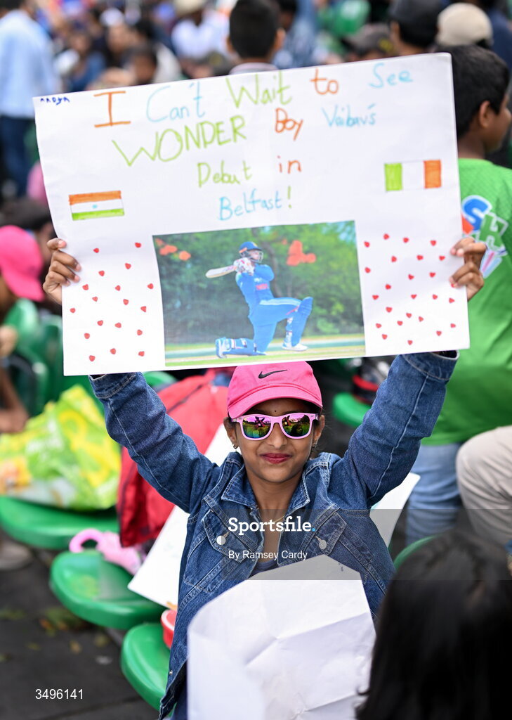 28 June 2026; An India supporter holds a sign for Vaibhav Sooryavanshi of India before match two of the Spinny Cup Men's T20 International series between Ireland and India at Stormont in Belfast.  Photo by Ramsey Cardy/Sportsfile