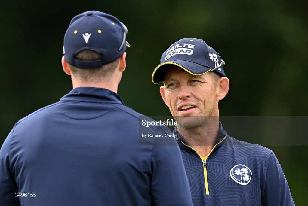 28 June 2026; Ireland head coach Heinrich Malan and Lorcan Tucker before match two of the Spinny Cup Men's T20 International series between Ireland and India at Stormont in Belfast.  Photo by Ramsey Cardy/Sportsfile