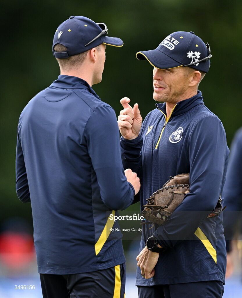 28 June 2026; Ireland head coach Heinrich Malan and Lorcan Tucker before match two of the Spinny Cup Men's T20 International series between Ireland and India at Stormont in Belfast.  Photo by Ramsey Cardy/Sportsfile