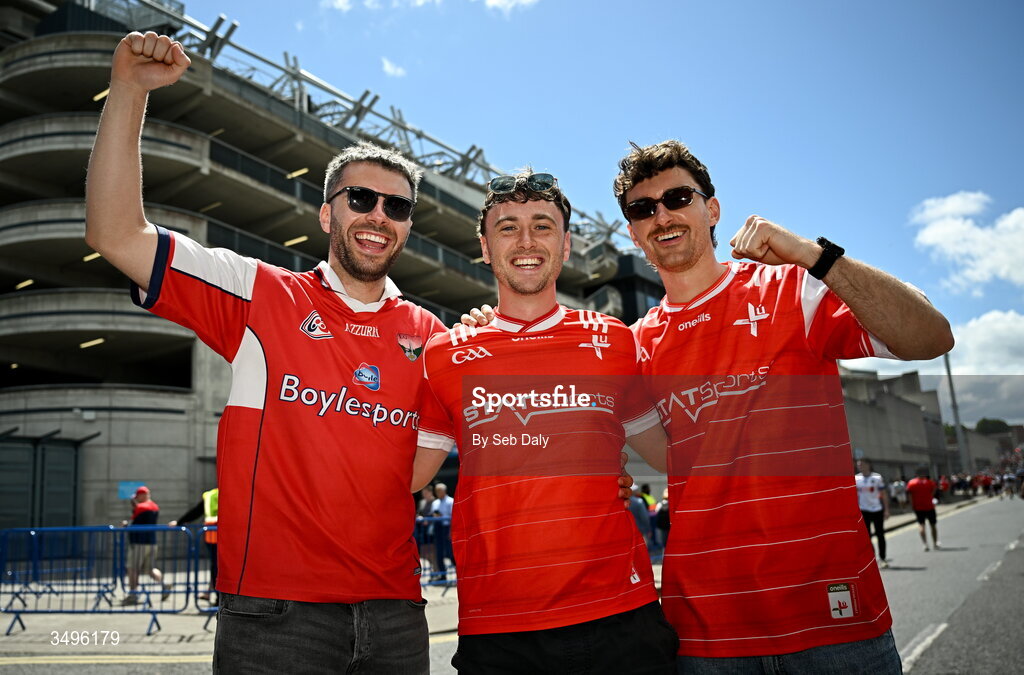28 June 2026; Louth supporters, from left, Donal Carr, Gary Maher, and James Healy, from Drogheda, Louth, before the GAA Football All-Ireland Senior Championship quarter-final match between Louth and Monaghan at Croke Park in Dublin. Photo by Seb Daly/Sportsfile