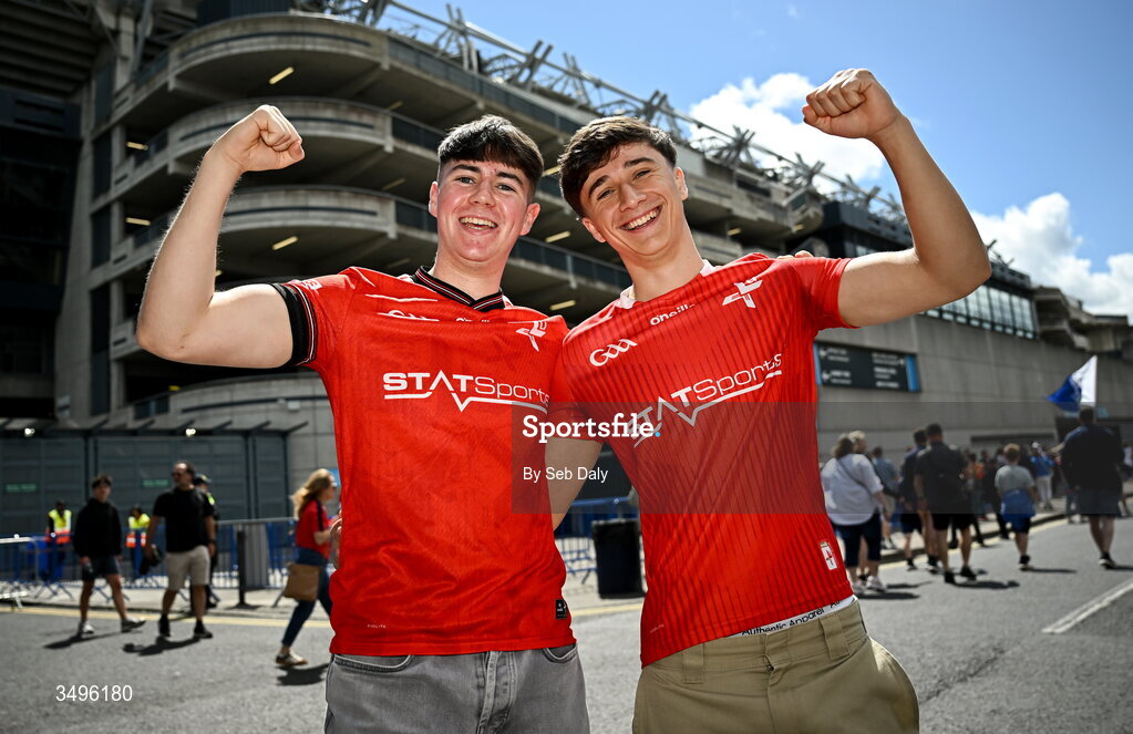 28 June 2026; Louth supporters Emmet McEvoy, left, and Daniel Matthews, from Monasterboice, Louth, before the GAA Football All-Ireland Senior Championship quarter-final match between Louth and Monaghan at Croke Park in Dublin. Photo by Seb Daly/Sportsfile