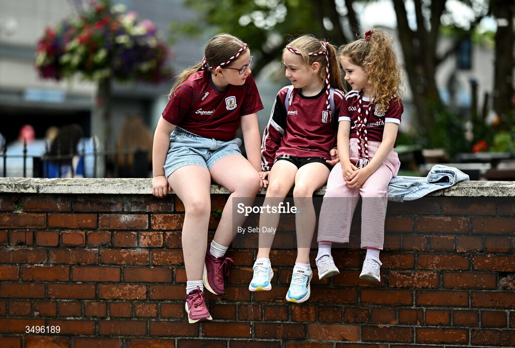 28 June 2026; Galway supporters, from left, Saoirse, age 10, Ciara, age 8, and Eimear, age 3, from Tuam, Galway, before the GAA Football All-Ireland Senior Championship quarter-final match between Dublin and Galway at Croke Park in Dublin. Photo by Seb Daly/Sportsfile