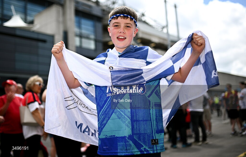 28 June 2026; Monaghan supporter Emmett McKenna, age 10, from Scotstown, Monaghan, before the GAA Football All-Ireland Senior Championship quarter-final match between Louth and Monaghan at Croke Park in Dublin. Photo by Seb Daly/Sportsfile
