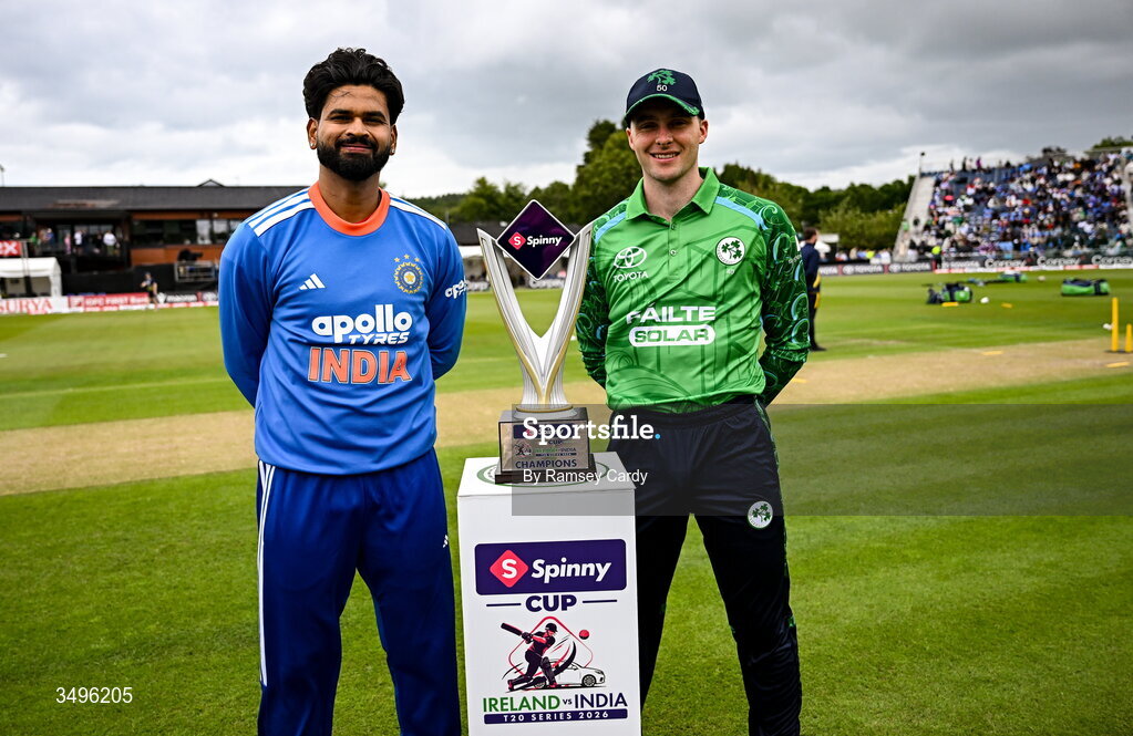 28 June 2026; India captain Shreyas Iyer and Ireland captain Lorcan Tucker before match two of the Spinny Cup Men's T20 International series between Ireland and India at Stormont in Belfast.  Photo by Ramsey Cardy/Sportsfile