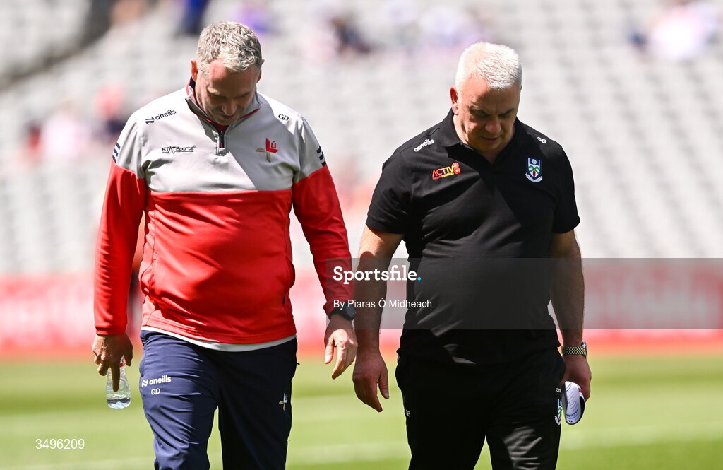 28 June 2026; Louth manager Gavin Devlin, left, and Monaghan manager Gabriel Bannigan before the GAA Football All-Ireland Senior Championship quarter-final match between Louth and Monaghan at Croke Park in Dublin. Photo by Piaras Ó Mídheach/Sportsfile