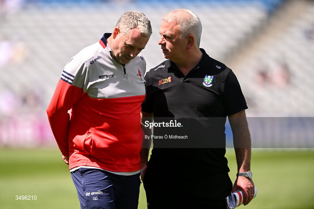 28 June 2026; Louth manager Gavin Devlin, left, and Monaghan manager Gabriel Bannigan before the GAA Football All-Ireland Senior Championship quarter-final match between Louth and Monaghan at Croke Park in Dublin. Photo by Piaras Ó Mídheach/Sportsfile