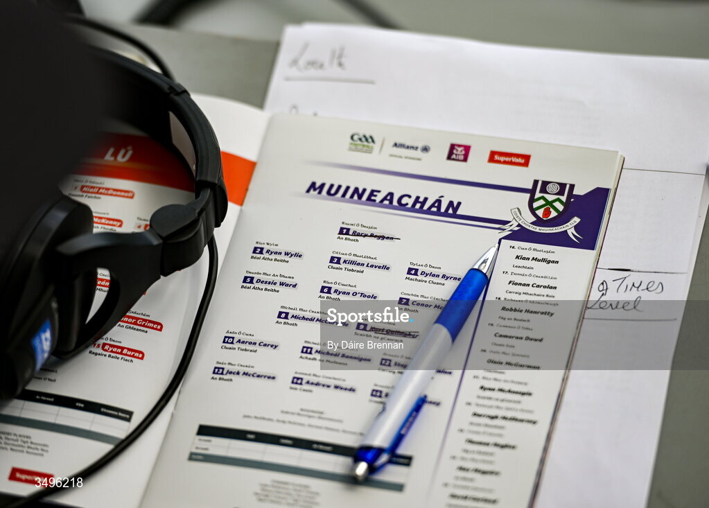 28 June 2026; Monaghan goalkeeper Rory Beggan's name is crossed out on broadcaster Marty Morrissey's programme ahead of the GAA Football All-Ireland Senior Championship quarter-final match between Louth and Monaghan at Croke Park in Dublin. Photo by Daire Brennan/Sportsfile