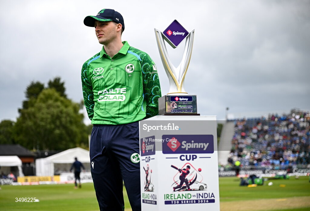 28 June 2026; Ireland captain Lorcan Tucker before match two of the Spinny Cup Men's T20 International series between Ireland and India at Stormont in Belfast.  Photo by Ramsey Cardy/Sportsfile