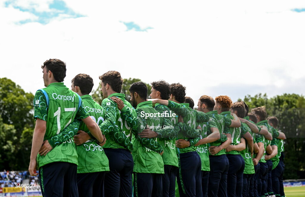 28 June 2026; The Ireland team before match two of the Spinny Cup Men's T20 International series between Ireland and India at Stormont in Belfast.  Photo by Ramsey Cardy/Sportsfile