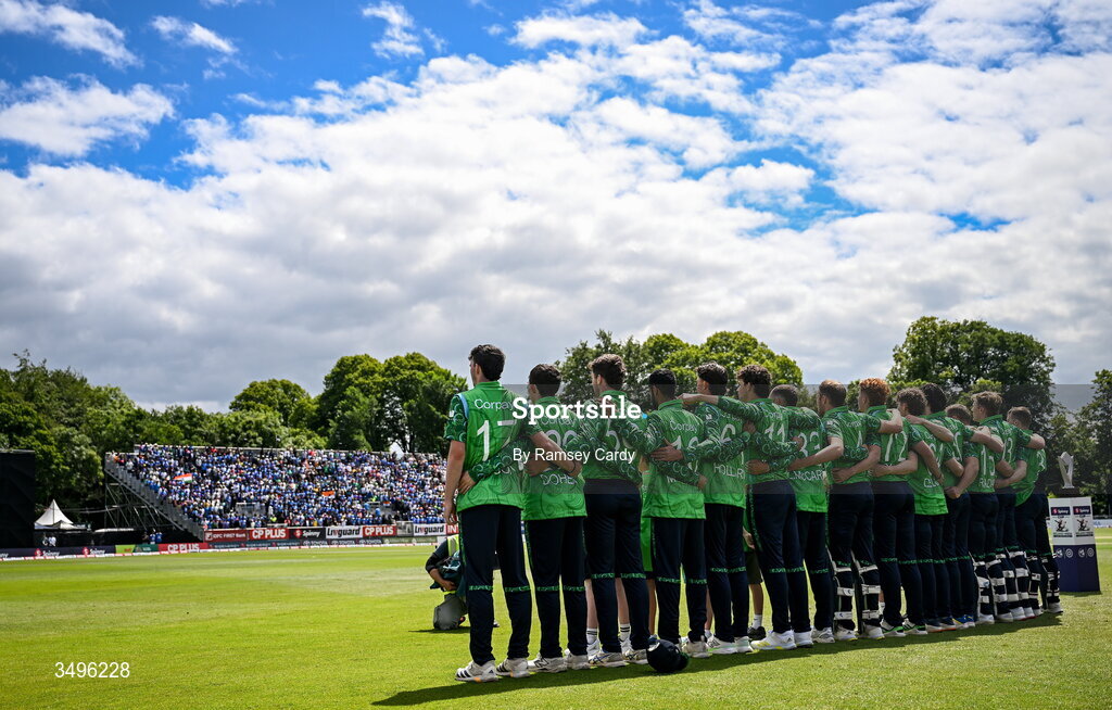 28 June 2026; The Ireland team before match two of the Spinny Cup Men's T20 International series between Ireland and India at Stormont in Belfast.  Photo by Ramsey Cardy/Sportsfile