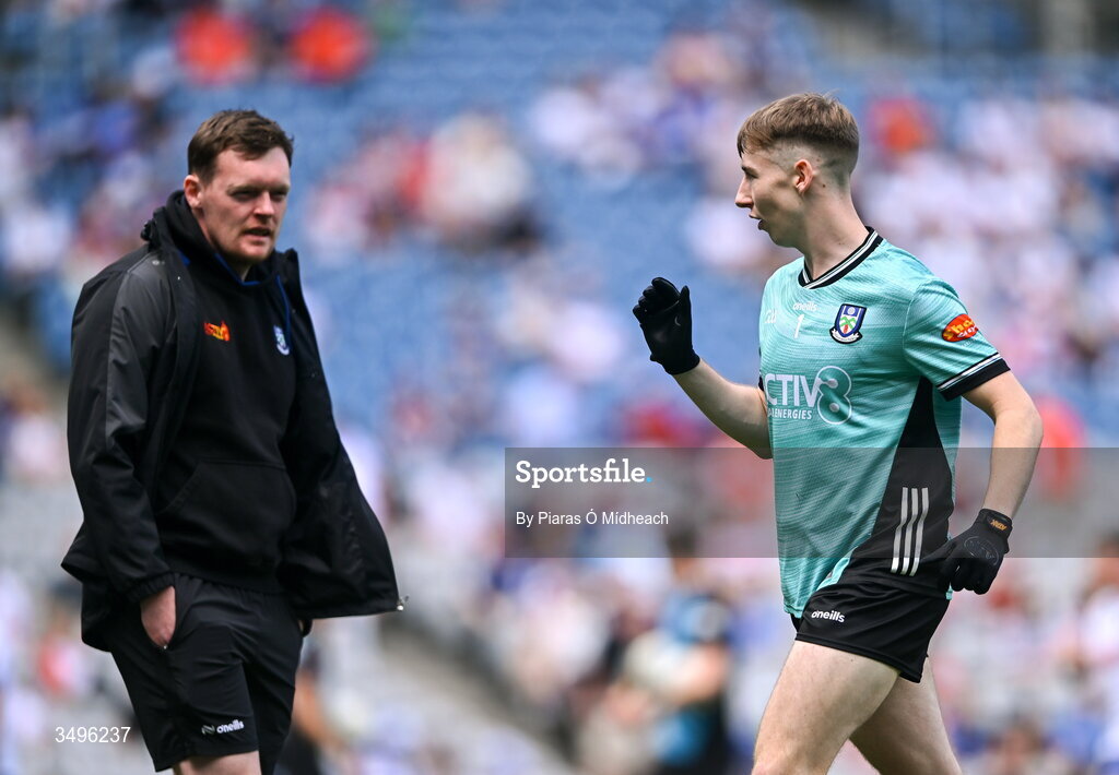 28 June 2026; Monaghan goalkeeper Jamie Mooney, right, with injured team-mate Rory Beggan, who he replaces in the squad, warms up before the GAA Football All-Ireland Senior Championship quarter-final match between Louth and Monaghan at Croke Park in Dublin. Photo by Piaras Ó Mídheach/Sportsfile