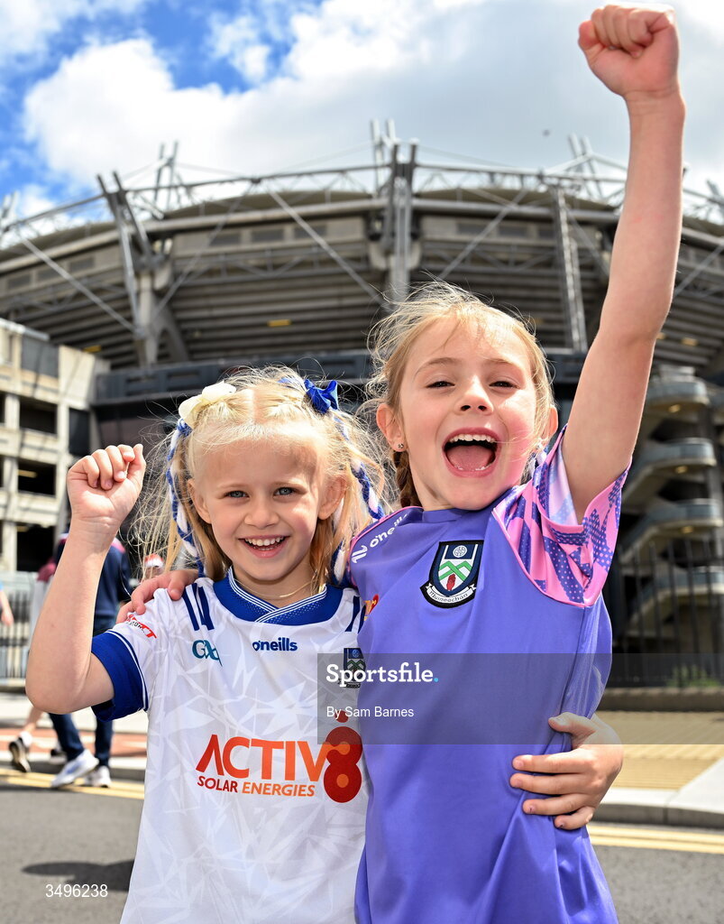 28 June 2026; Monaghan supporters Aria Hoey, aged 6, from Killany, Monaghan, left, and Bríannah Byrne, aged 6, from Inniskeen, Monaghan, before the GAA Football All-Ireland Senior Championship quarter-final match between Louth and Monaghan at Croke Park in Dublin. Photo by Sam Barnes/Sportsfile
