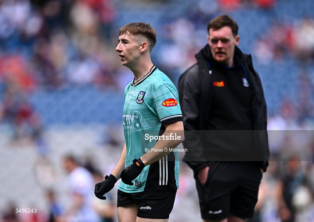 28 June 2026; Monaghan goalkeeper Jamie Mooney, right, with injured team-mate Rory Beggan, who he replaces in the squad, warms up before the GAA Football All-Ireland Senior Championship quarter-final match between Louth and Monaghan at Croke Park in Dublin. Photo by Piaras Ó Mídheach/Sportsfile