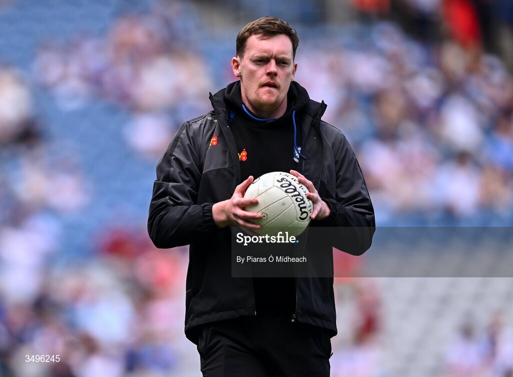 28 June 2026; Injured Monaghan goalkeeper Rory Beggan watches the warm-up before the GAA Football All-Ireland Senior Championship quarter-final match between Louth and Monaghan at Croke Park in Dublin. Photo by Piaras Ó Mídheach/Sportsfile