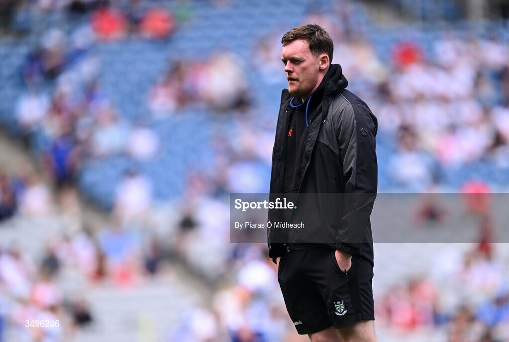28 June 2026; Injured Monaghan goalkeeper Rory Beggan watches the warm-up before the GAA Football All-Ireland Senior Championship quarter-final match between Louth and Monaghan at Croke Park in Dublin. Photo by Piaras Ó Mídheach/Sportsfile