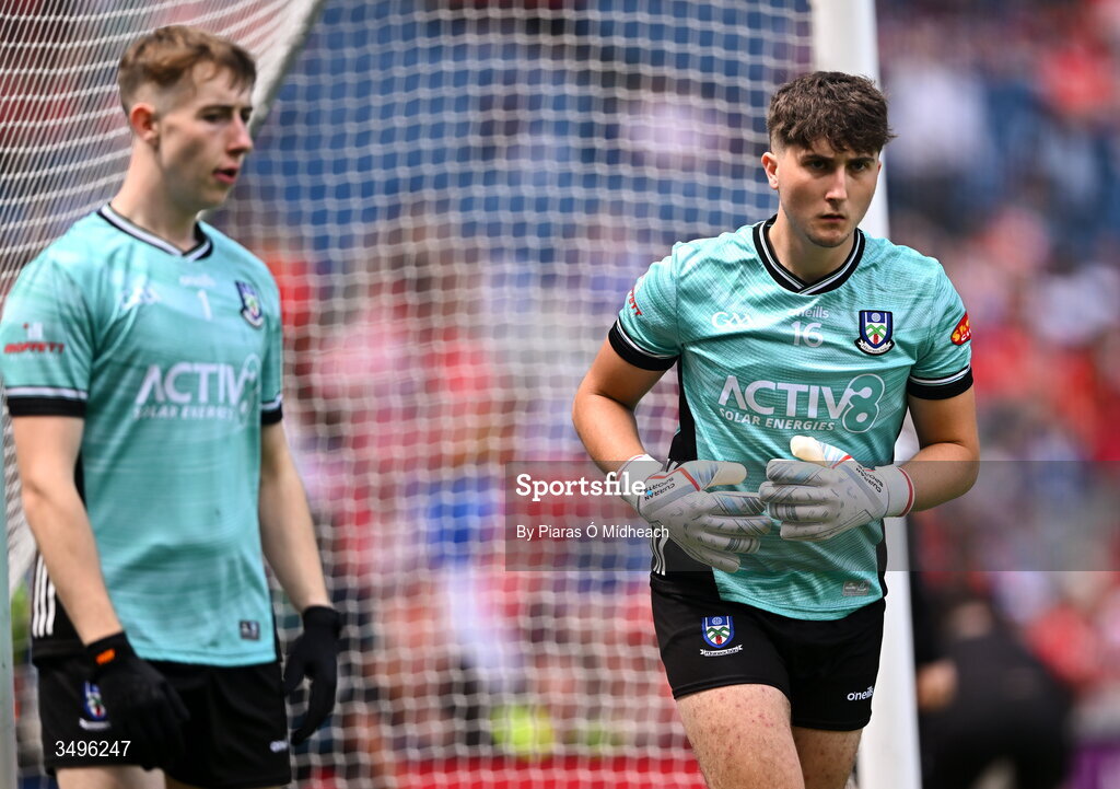 28 June 2026; Monaghan goalkeepers Jamie Mooney, left, and Kian Mulligan in the warm-up before the GAA Football All-Ireland Senior Championship quarter-final match between Louth and Monaghan at Croke Park in Dublin. Photo by Piaras Ó Mídheach/Sportsfile