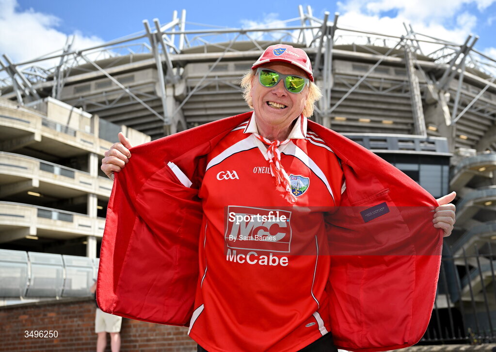 28 June 2026; Louth supporter William Frank Godfrey from Drogheda, Louth before the GAA Football All-Ireland Senior Championship quarter-final match between Louth and Monaghan at Croke Park in Dublin. Photo by Sam Barnes/Sportsfile