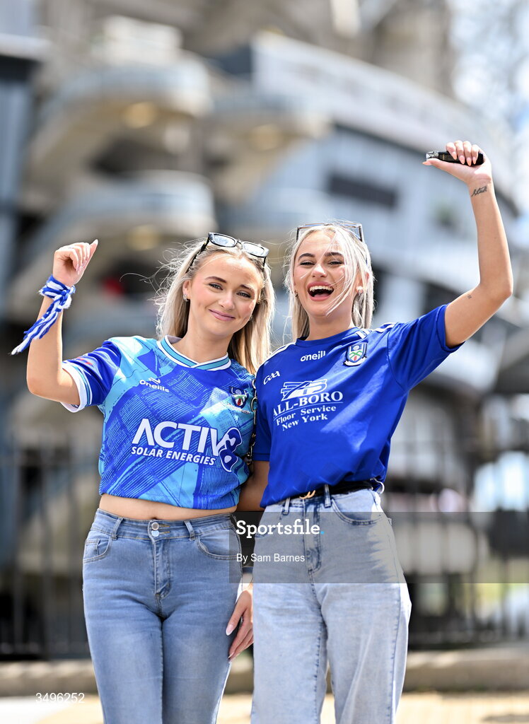 28 June 2026; Monaghan supporters Ava Smith, left, and Megan Waters from Carrickmacross, Monaghan, during the GAA Football All-Ireland Senior Championship quarter-final match between Louth and Monaghan at Croke Park in Dublin. Photo by Sam Barnes/Sportsfile