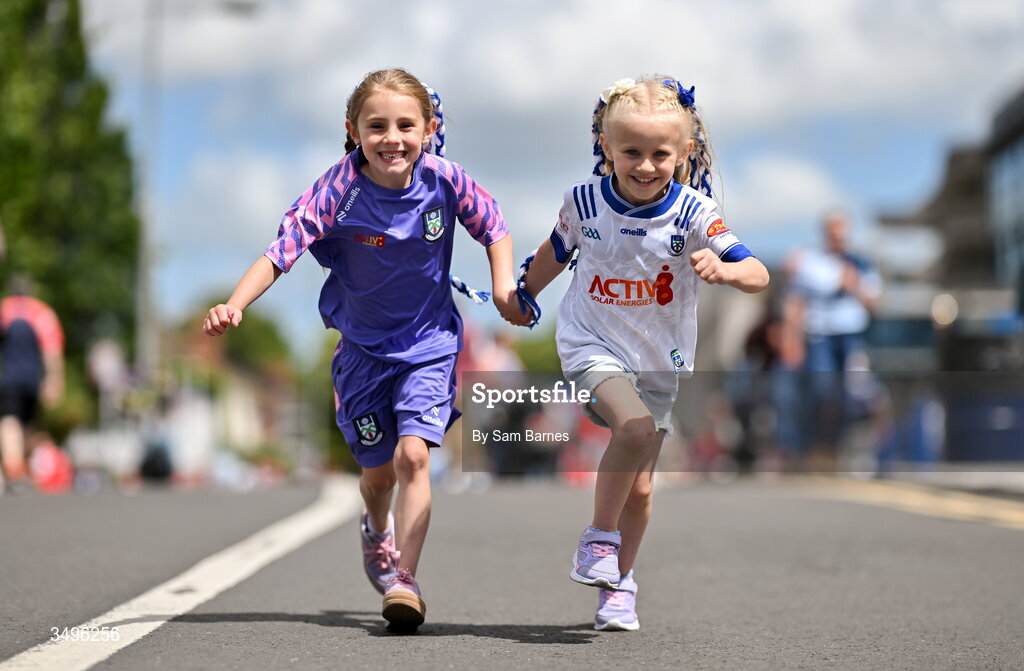 28 June 2026; Monaghan supporters Bríannah Byrne, aged 6, from Inniskeen, Monaghan, left, and Aria Hoey, aged 6, from Killany, Monaghan, before the GAA Football All-Ireland Senior Championship quarter-final match between Louth and Monaghan at Croke Park in Dublin. Photo by Sam Barnes/Sportsfile