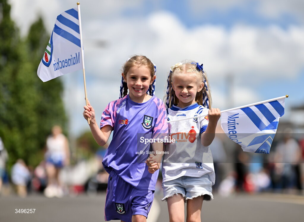 28 June 2026; Monaghan supporters Bríannah Byrne, aged 6, from Inniskeen, Monaghan, left, and Aria Hoey, aged 6, from Killany, Monaghan, before the GAA Football All-Ireland Senior Championship quarter-final match between Louth and Monaghan at Croke Park in Dublin. Photo by Sam Barnes/Sportsfile