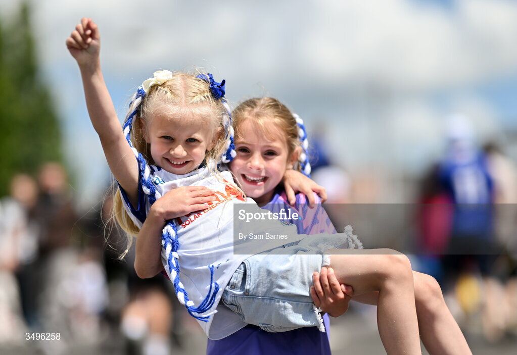 28 June 2026; Monaghan supporters Aria Hoey, aged 6, from Killany, Monaghan, left, and Bríannah Byrne, aged 6, from Inniskeen, Monaghan, before the GAA Football All-Ireland Senior Championship quarter-final match between Louth and Monaghan at Croke Park in Dublin. Photo by Sam Barnes/Sportsfile
