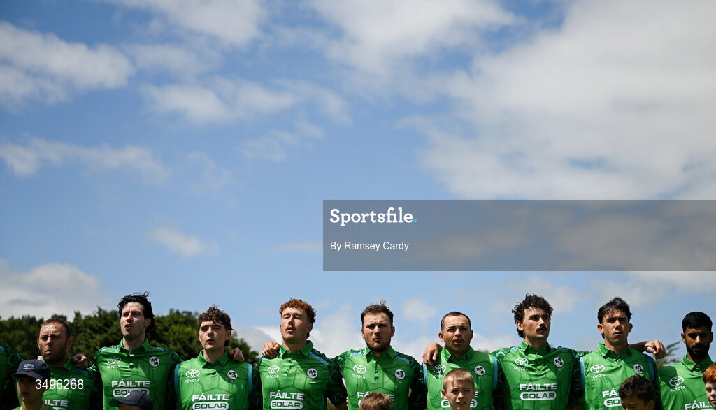 28 June 2026; The Ireland team before match two of the Spinny Cup Men's T20 International series between Ireland and India at Stormont in Belfast.  Photo by Ramsey Cardy/Sportsfile