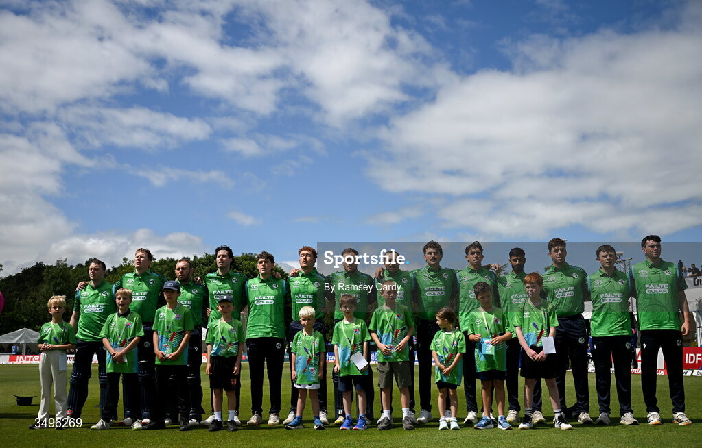 28 June 2026; The Ireland team before match two of the Spinny Cup Men's T20 International series between Ireland and India at Stormont in Belfast.  Photo by Ramsey Cardy/Sportsfile