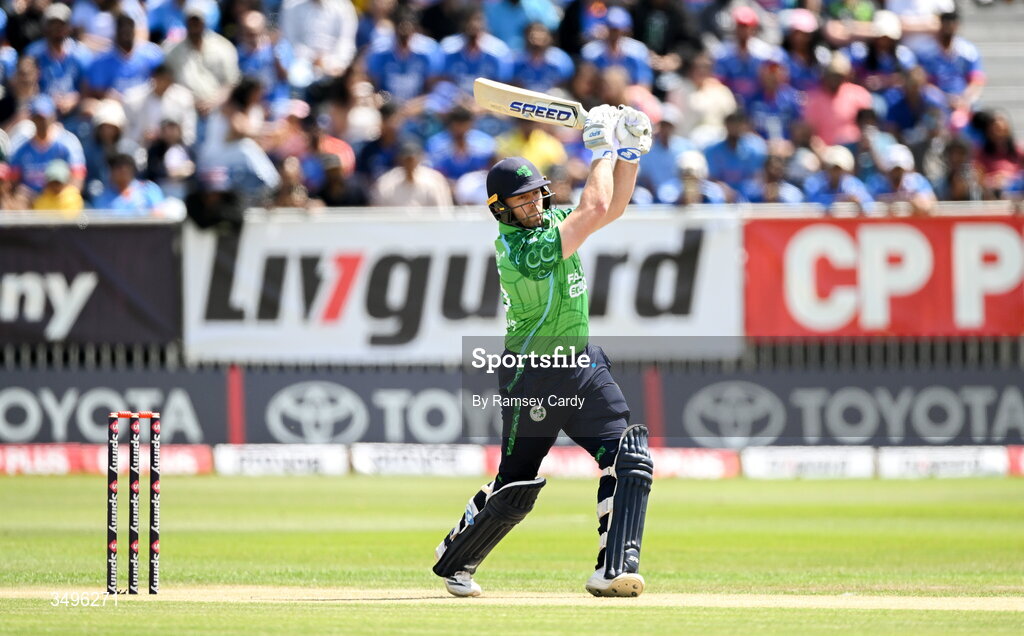 28 June 2026; Ireland batter Ross Adair during match two of the Spinny Cup Men's T20 International series between Ireland and India at Stormont in Belfast.  Photo by Ramsey Cardy/Sportsfile