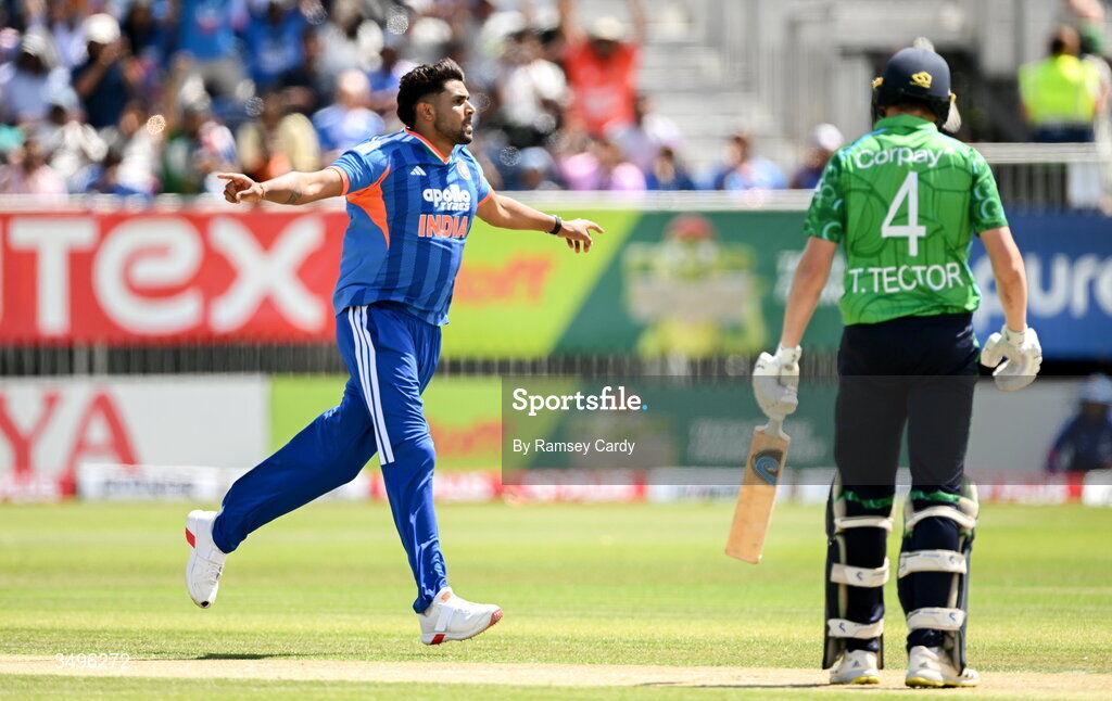 28 June 2026; Harshit Rana of India celebrates taking the wicket of Tim Tector of Ireland during match two of the Spinny Cup Men's T20 International series between Ireland and India at Stormont in Belfast.  Photo by Ramsey Cardy/Sportsfile