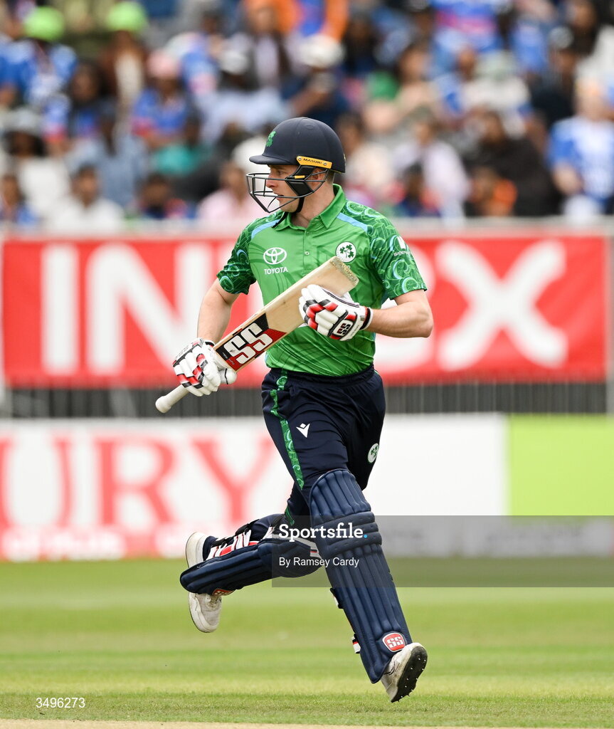 28 June 2026; Lorcan Tucker of Ireland during match two of the Spinny Cup Men's T20 International series between Ireland and India at Stormont in Belfast.  Photo by Ramsey Cardy/Sportsfile