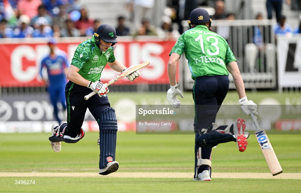 28 June 2026; Lorcan Tucker, left, and Harry Tector of Ireland during match two of the Spinny Cup Men's T20 International series between Ireland and India at Stormont in Belfast.  Photo by Ramsey Cardy/Sportsfile
