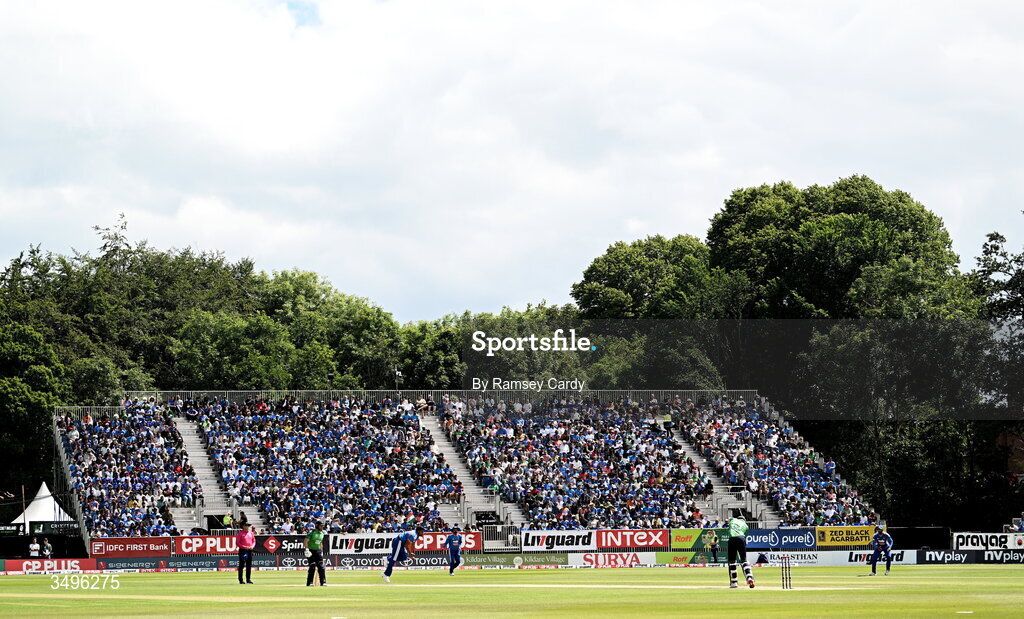 28 June 2026; A general view of action during match two of the Spinny Cup Men's T20 International series between Ireland and India at Stormont in Belfast.  Photo by Ramsey Cardy/Sportsfile