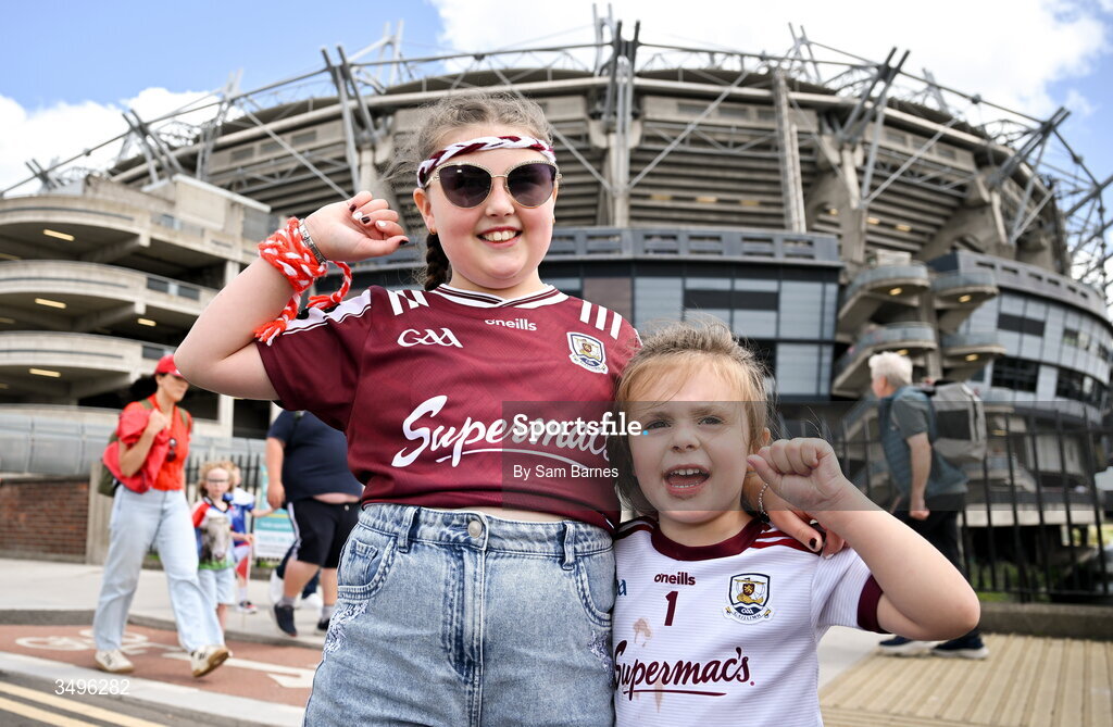 28 June 2026; Galway supporters Evie O'Halloran, aged 8, and Isabelle Duffy, aged 4, from Mervue, Galway, before the GAA Football All-Ireland Senior Championship quarter-final match between Dublin and Galway at Croke Park in Dublin. Photo by Sam Barnes/Sportsfile