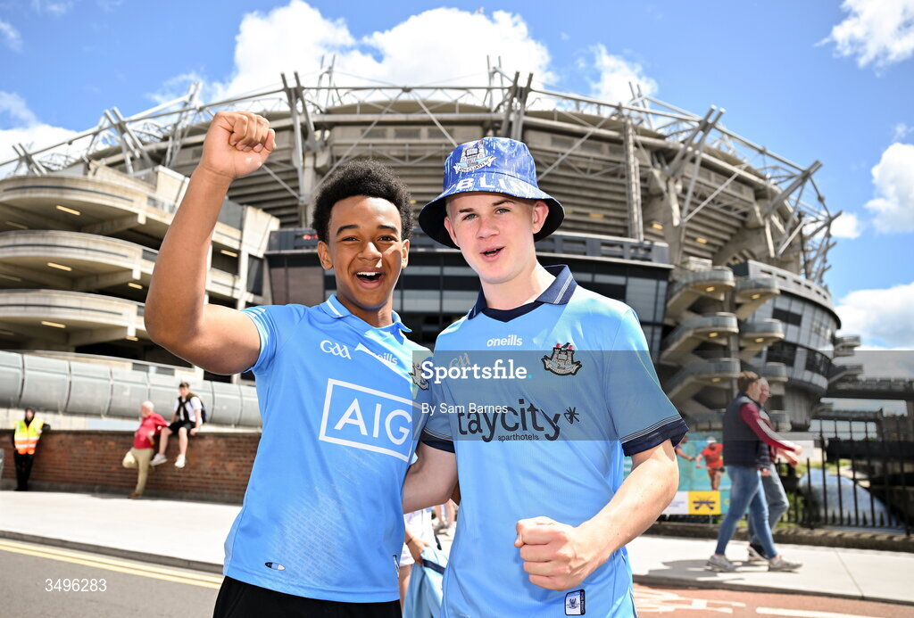 28 June 2026; Dublin supporters Cian Moore, aged 15, left, and Charlie Kilpatrick, aged 15, from Dundrum, Dublin, before the GAA Football All-Ireland Senior Championship quarter-final match between Dublin and Galway at Croke Park in Dublin. Photo by Sam Barnes/Sportsfile