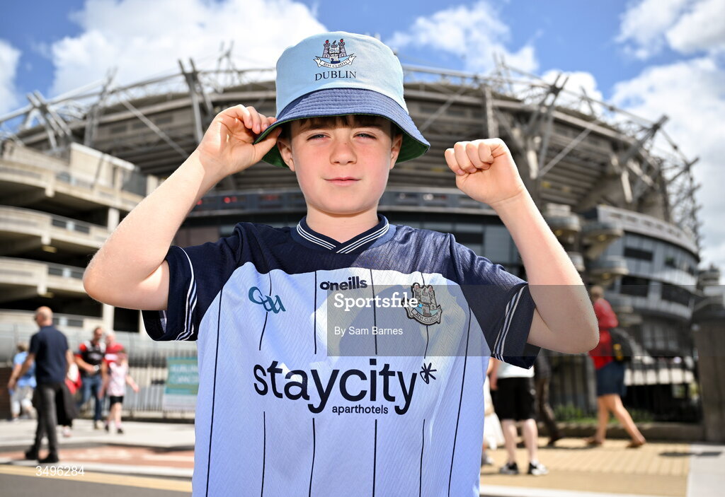 28 June 2026; Dublin supporter Luke Costello, aged 11, from Wicklow before the GAA Football All-Ireland Senior Championship quarter-final match between Dublin and Galway at Croke Park in Dublin. Photo by Sam Barnes/Sportsfile