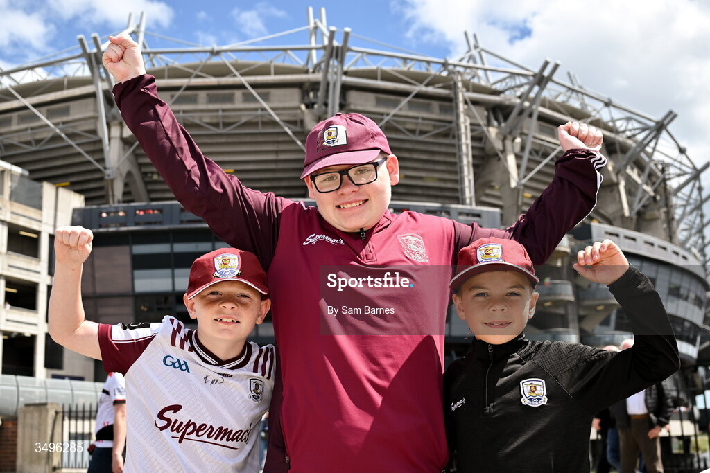 28 June 2026; Galway supporters from left, Ollie Conneely, 10, Max Conneely, 14, and Callum Geoghegan, 9, from Inverin, Galway, before the GAA Football All-Ireland Senior Championship quarter-final match between Dublin and Galway at Croke Park in Dublin. Photo by Sam Barnes/Sportsfile