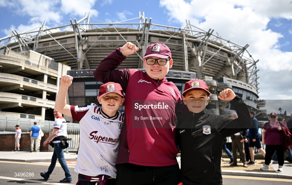 28 June 2026; Galway supporters from left, Ollie Conneely, 10, Max Conneely, 14, and Callum Geoghegan, 9, from Inverin, Galway, before the GAA Football All-Ireland Senior Championship quarter-final match between Dublin and Galway at Croke Park in Dublin. Photo by Sam Barnes/Sportsfile