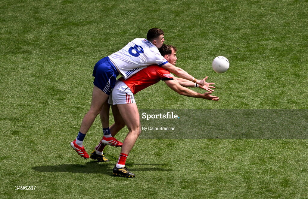 28 June 2026; Conor Early of Louth in action against Mícheál McCarville of Monaghan during the GAA Football All-Ireland Senior Championship quarter-final match between Louth and Monaghan at Croke Park in Dublin. Photo by Daire Brennan/Sportsfile
