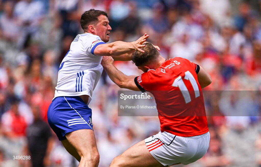 28 June 2026; Sam Mulroy of Louth in action against Ryan Wylie of Monaghan during the GAA Football All-Ireland Senior Championship quarter-final match between Louth and Monaghan at Croke Park in Dublin. Photo by Piaras Ó Mídheach/Sportsfile