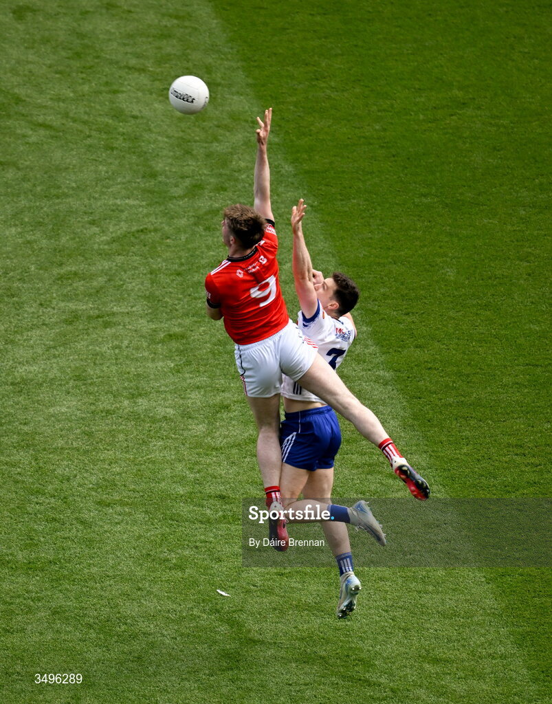28 June 2026; Sean Callaghan of Louth in action against Killian Lavelle of Monaghan during the GAA Football All-Ireland Senior Championship quarter-final match between Louth and Monaghan at Croke Park in Dublin. Photo by Daire Brennan/Sportsfile