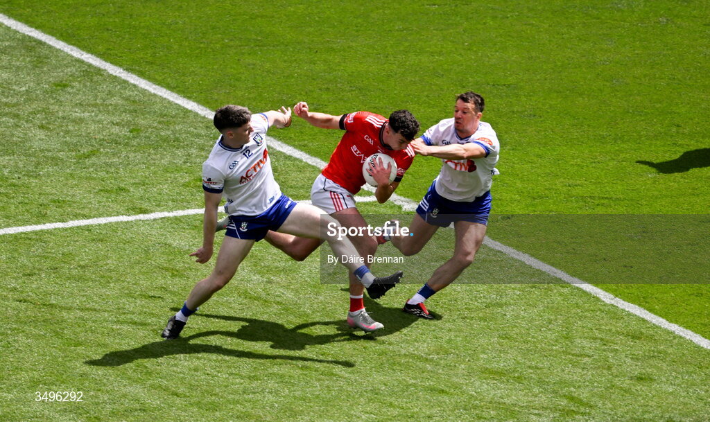 28 June 2026; Craig Lennon of Louth in action against Stephen O'Hanlon, left, and Ryan Wylie of Monaghan during the GAA Football All-Ireland Senior Championship quarter-final match between Louth and Monaghan at Croke Park in Dublin. Photo by Daire Brennan/Sportsfile