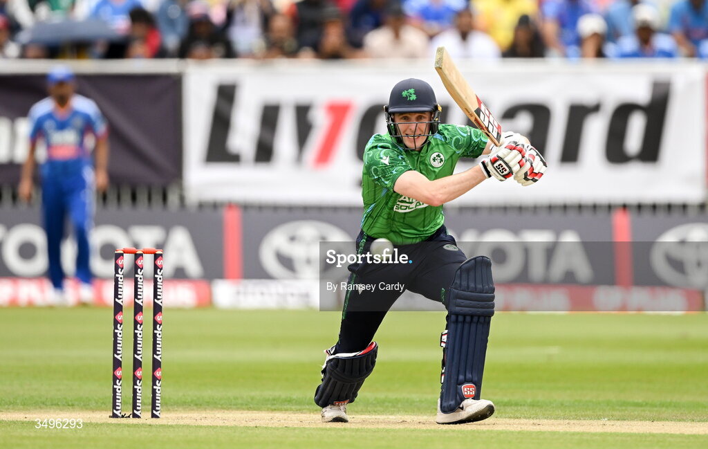 28 June 2026; Ireland batter Lorcan Tucker during match two of the Spinny Cup Men's T20 International series between Ireland and India at Stormont in Belfast.  Photo by Ramsey Cardy/Sportsfile