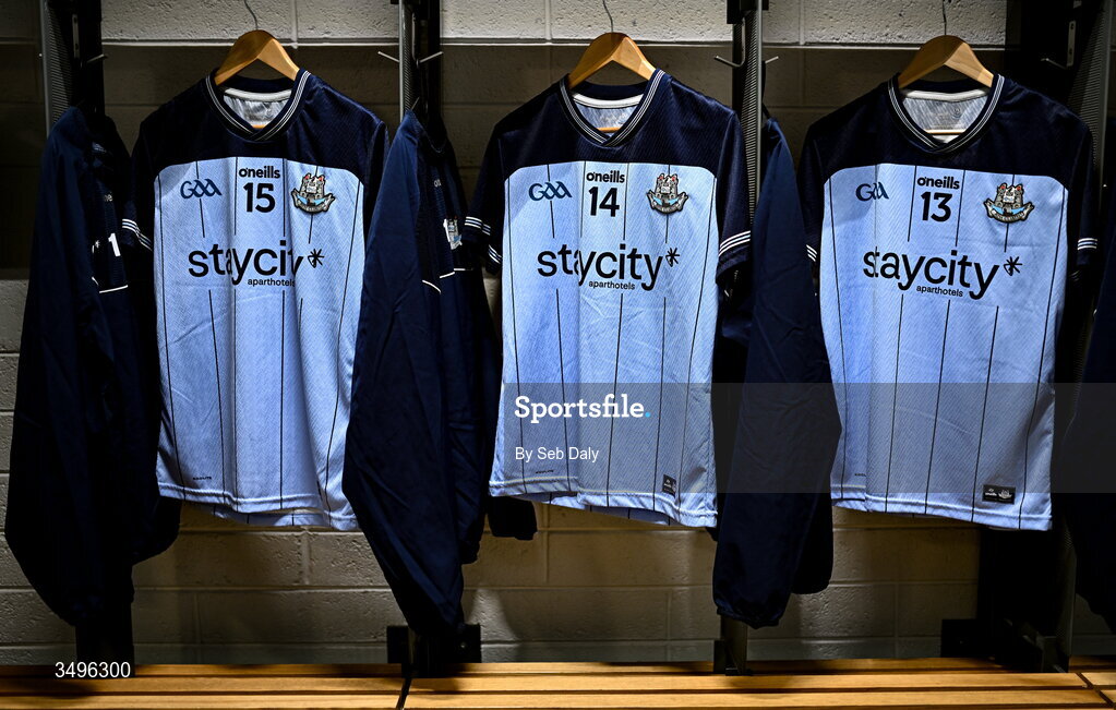 28 June 2026; The jerseys of Dublin players, from left, Cormac Costello, Ciaran Kilkenny, and Paddy Small, in the dressing room before the GAA Football All-Ireland Senior Championship quarter-final match between Dublin and Galway at Croke Park in Dublin. Photo by Seb Daly/Sportsfile