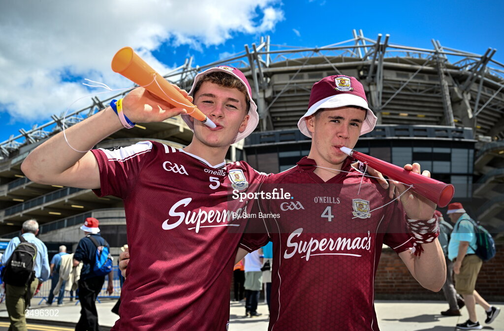 28 June 2026; Galway supporters Ryan Connolly, left, and James Quinn, from Corofin, Galway, before the GAA Football All-Ireland Senior Championship quarter-final match between Dublin and Galway at Croke Park in Dublin. Photo by Sam Barnes/Sportsfile