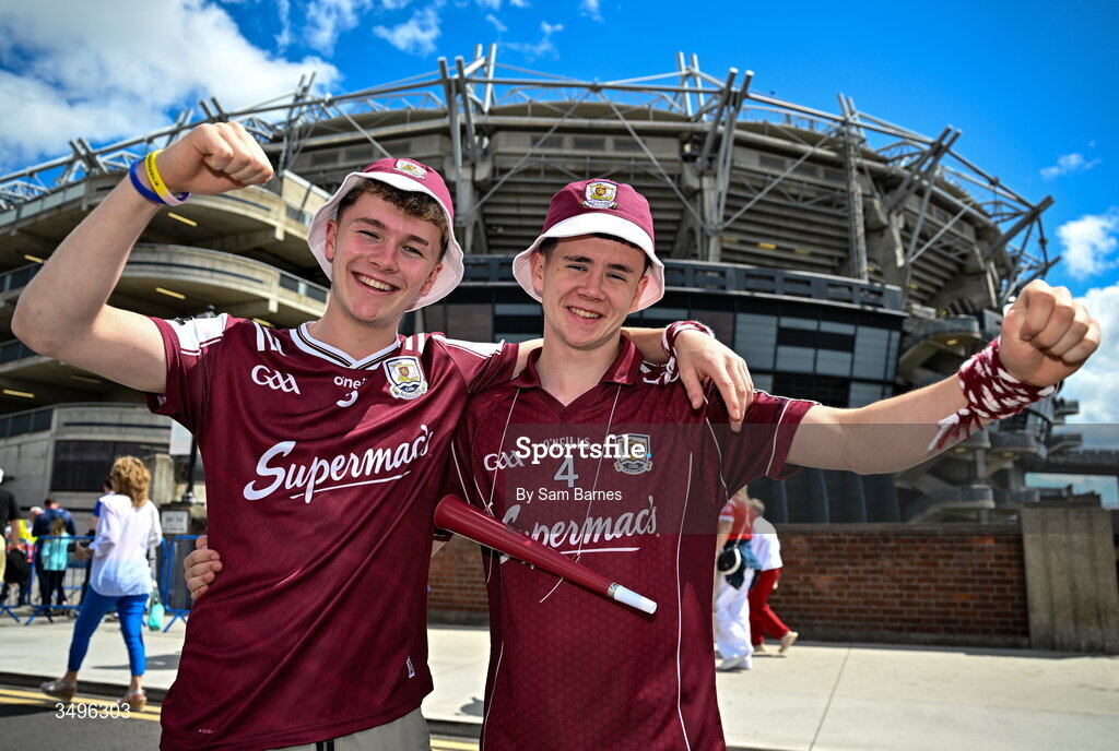 28 June 2026; Galway supporters Ryan Connolly, left, and James Quinn, from Corofin, Galway, before the GAA Football All-Ireland Senior Championship quarter-final match between Dublin and Galway at Croke Park in Dublin. Photo by Sam Barnes/Sportsfile