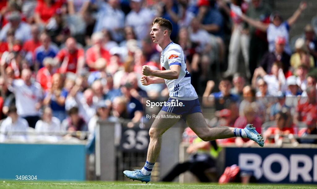 28 June 2026; Oisin McGorman of Monaghan celebrates scoring a goal, in the 21st minute, during the GAA Football All-Ireland Senior Championship quarter-final match between Louth and Monaghan at Croke Park in Dublin. Photo by Ray McManus/Sportsfile