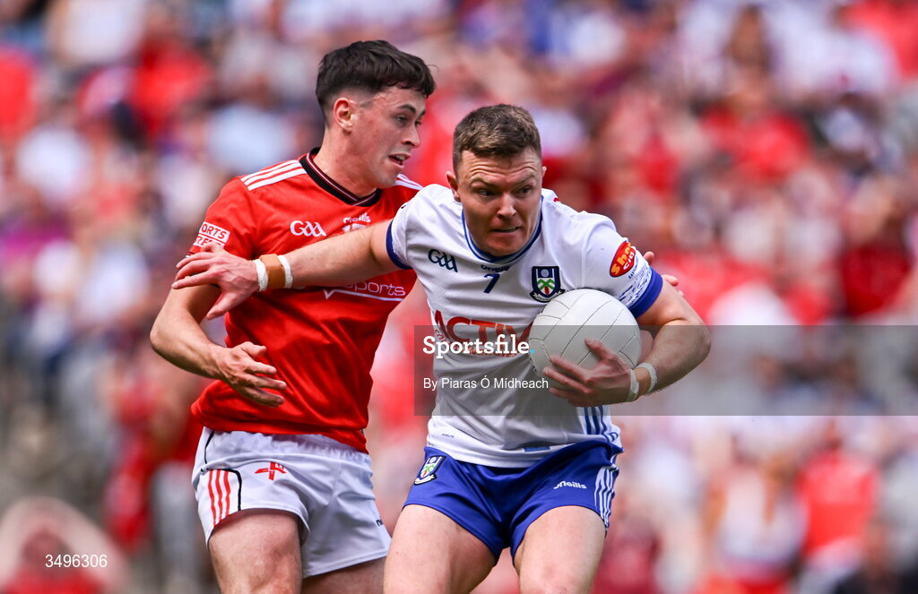 28 June 2026; Conor McCarthy of Monaghan in action against Kieran McArdle of Louth during the GAA Football All-Ireland Senior Championship quarter-final match between Louth and Monaghan at Croke Park in Dublin. Photo by Piaras Ó Mídheach/Sportsfile