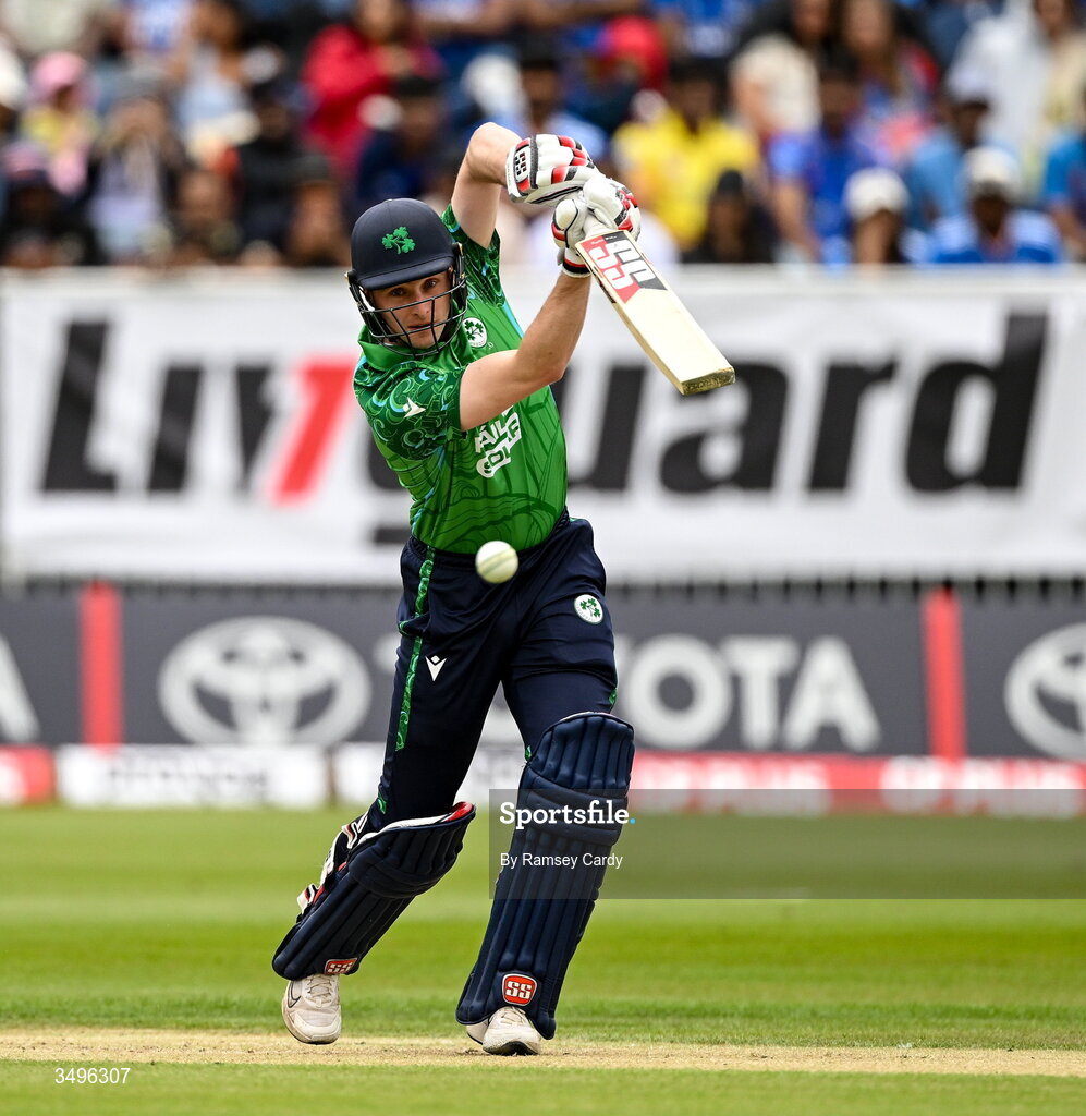 28 June 2026; Ireland batter Lorcan Tucker during match two of the Spinny Cup Men's T20 International series between Ireland and India at Stormont in Belfast.  Photo by Ramsey Cardy/Sportsfile