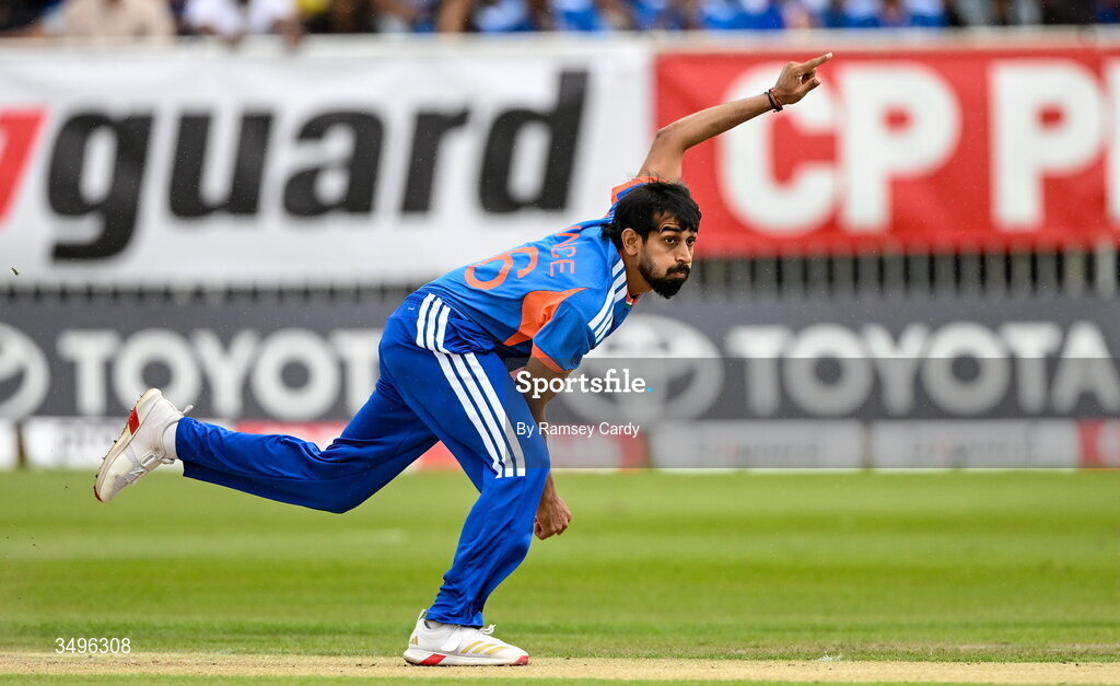 28 June 2026; India bowler Prince Yadav during match two of the Spinny Cup Men's T20 International series between Ireland and India at Stormont in Belfast.  Photo by Ramsey Cardy/Sportsfile